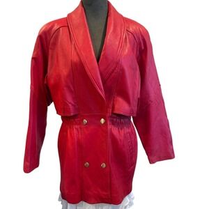 G111 80's Vintage Red Leather Double Breasted Jacket Gold Buttons Elastic Waist
